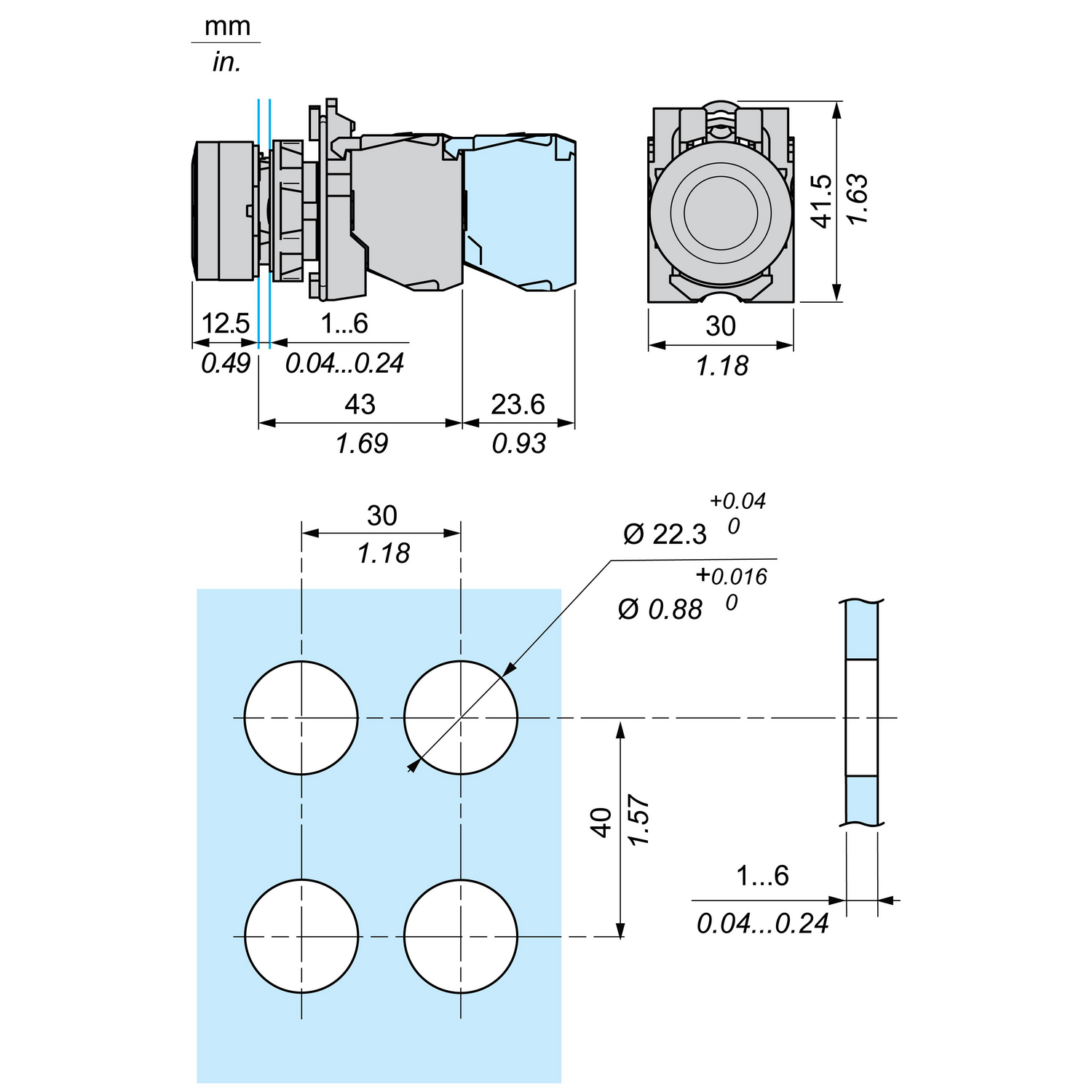 PUSBOTON WITH INDICATOR 24AC/DC BLU